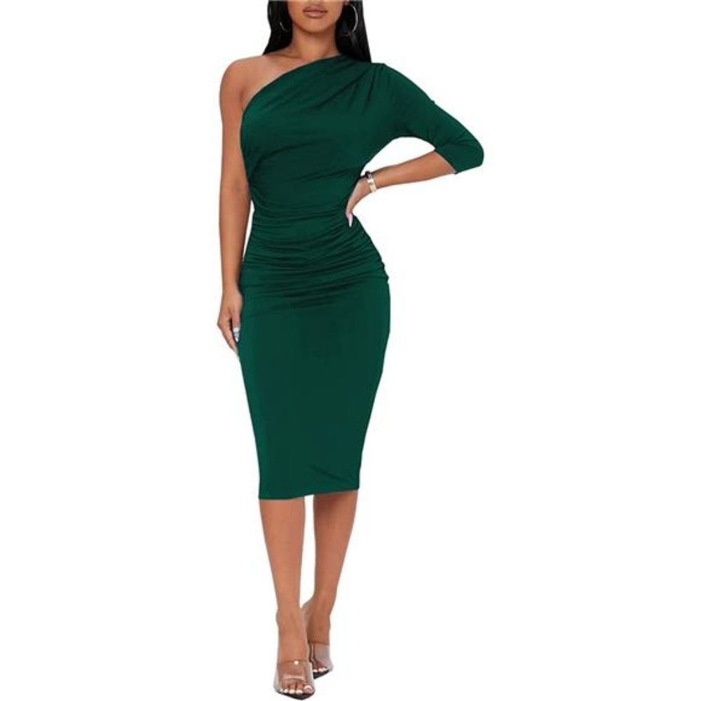 HOT One Shoulder 3/4 Sleeve Cocktail Party Ruched Midi Dress - New Green